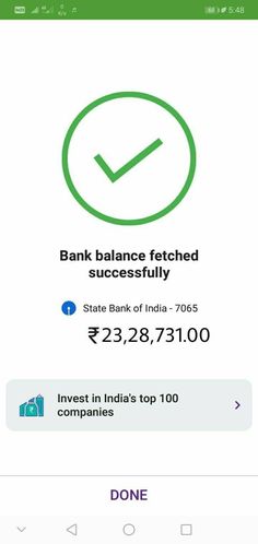 an app showing bank balance fetched successfully on the screen and below it is a green tick mark