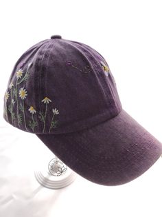 Ready for Shipping Hand Embroidery Daisy and Bee Hat Purple - Etsy Vietnam Spring Cotton Snapback Cap, Purple Cotton Baseball Cap With Curved Brim, Summer Brimmed Cotton Trucker Hat, Summer Cotton Brimmed Trucker Hat, Cotton Brimmed Trucker Hat For Summer, Spring Cotton Snapback Hat With Visor, Spring Cotton Snapback Visor Hat, Cotton Visor Snapback Hat For Spring, Purple Cotton Baseball Cap