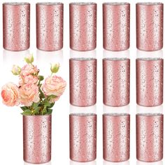 pink glittered glass vases with roses in them