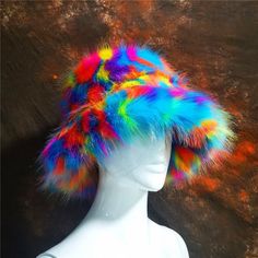 Super Fluffy Bucket Hat, 90s House, Rainbow Plush, Fur Bucket, Faux Fur Bucket Hat, Fur Bucket Hat, House Parties, Faux Fur Material, Bucket Hat Women