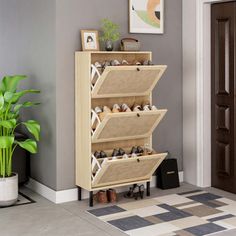 a wooden shoe rack sitting next to a potted plant in front of a door