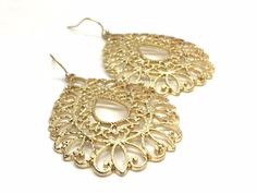 2.5 Inch Drop Earrings with Gold hooks. Painted shiny gold Metal filigree. Thank you for supporting American small business! ❤️ Metal Teardrop Filigree Earrings, Gold Metal Nickel-free Teardrop Earrings, Gold Ornate Chandelier Earrings, Elegant Laser Cut Jewelry For Gifts, Elegant Laser Cut Jewelry As A Gift, Laser Cut Metal Jewelry Gift, Elegant Laser Cut Jewelry Gift, Metal Filigree Earrings For Party, Filigree Metal Earrings For Party