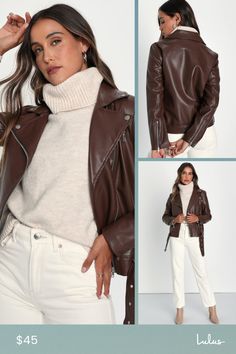 No matter what the day brings, you'll be looking ultra-confident in the Lulus Brave Behavior Brown Vegan Leather Oversized Moto Jacket! Buttery soft vegan leather forms this cute moto jacket that features snap button accents along the notched collar, an asymmetrical zipper front, and an oversized bodice with zippered pockets and a detachable belt. Long sleeves with zippered cuffs complete the classic look! Fit: This garment fits true to size. Length: Size medium measures 23" from shoulder to hem Lulu Fashion, Notched Collar, Personal Marketing, Moto Jacket, Vegan Friendly, Classic Looks, Snap Button, Front Zipper, Brave