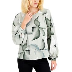 Covered In An Abstract Print, This Bishop-Sleeve Top From Alfani Is Perfect For Brightening Up Your Work Look. Approx. Model Height Is 5'10" And She Is Wearing Size Small Approx. 24-1/3" Long Round Neckline; Keyhole Button Closure At Back Bishop Sleeves With Button Cuffs Polyester Machine Washable Imported Web Id: 12599120 Spring Crew Neck Top With Blouson Sleeves, Spring Blouse With Blouson Sleeves And Crew Neck, Evening Blouses, Printed Tunic Tops, Bishop Sleeve, Black Lace Tops, Work Looks, Print Tunic, Mens Big And Tall