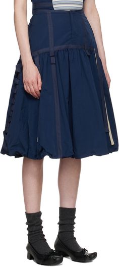 Polyester taslan skirt. Gathering and webbing trim throughout. · Two-pocket styling · Zip-fly · Bubble hem · Logo patch at back · Full satin lining Supplier color: Navy Skirt Gathering, Bubble Skirts, Navy Midi Skirt, Tea Length Skirt, Navy Pencil Skirt, Latest Skirts, Bubble Hem, Bubble Skirt, Satin Midi Skirt