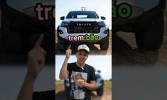 a man is holding up his hat in front of a truck with the words toyota on it