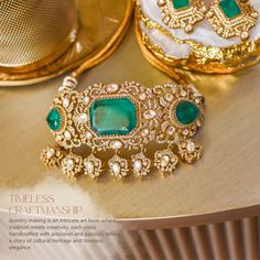 Indulge in luxury, embrace elegance and experience the allure of Kanwal Set - where every piece tells a story of timeless beauty and unparalleled craftsmanship! Dazzle and delight with every step wearing our breathtaking jewelry set featuring a mesmerizing combination of CZ stones with its unparalleled brilliance, polished emeralds evoking the lush beauty of a verdant paradise, and exquisite jadau kundan stones. The set includes a choker and a pair of beautiful earrings. Approximate length of th Heritage Jewellery, Waist Chain, Faux Stone, Head Accessories, Cz Stone, Men's Collection, Designer Earrings, Necklace Designs, Diamond Pendant