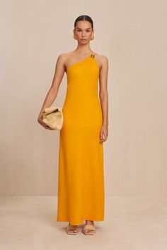 RINLEY DRESS - MARMALADE Formal Colorful Dress, Palm Springs Bridesmaid Dresses, Wedding Guest Attire Mood Board, Vintage Orange Dress, Wedding Guest Dress Orange, Black Tie Optional Attire, Orange Bridesmaids Dresses, Attire Guide, Maxi Linen Dress