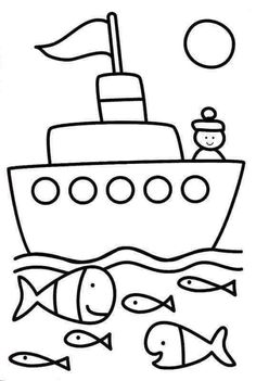 a drawing of a boat in the ocean with fish around it and a flag on top