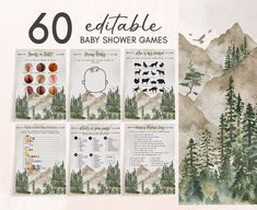 the baby shower games are designed to look like mountains and trees with animals on them