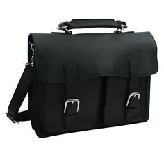 a black leather briefcase on a white background