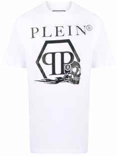 White cotton logo-print T-shirt from PHILIPP PLEIN featuring logo patch to the rear, logo print to the front, round neck, short sleeves and straight hem. | Philipp Plein logo-print T-shirt Versace Outfit, City Dress, Philipp Plein, Summer Beach Wear, Cotton Logo, Jersey Shirt, Logo Print, Patch Logo, White Cotton