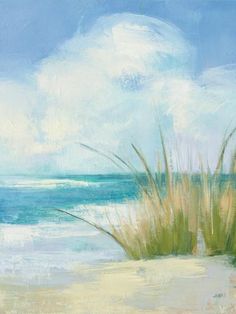 an oil painting of grass on the beach