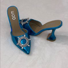 Brand New! Never Worn. Trendy Blue Heels For Formal Occasions, Trendy Blue Closed Toe Heels, Blue Slip-on Party Heels, Blue Slip-on Heels For Party, Chic Blue Slip-on Heels, Gold Mules, Summer Mules, Ego Shoes, Block Heel Mule