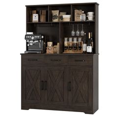 a wooden cabinet with wine bottles and other items on it's shelves, including an espresso machine