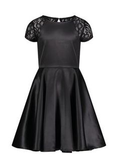 A charming essential for special occasions, this lovely dress from Calvin Klein is highlighted by beautiful lace sleeves and a subtly pleated skirt. | Calvin Klein Girls 7-16 Lace and Satin Dress, Black, 8 Lace And Satin Dress, Satin Dress Black, Calvin Klein Girls, Lovely Dresses, Satin Dress, Lace Sleeves, Satin Dresses, Pleated Skirt, Dress Black