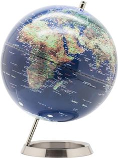 a blue and green globe on a metal stand with the names of countries printed on it