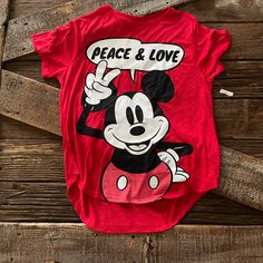 Selling A Mickey Mouse Peace & Love T Shirt. Size Xl 15-17 Mickey Mouse Graphic Tee Tops, Playful Red T-shirt With Cartoon Print, Playful Red Cartoon Print T-shirt, Red Short Sleeve Top With Mickey Mouse, Playful Red Mickey Mouse Top, Red Mickey Mouse T-shirt, Fun Red Shirt With Cartoon Print, Fun Red Top With Cartoon Print, Fun Red Tops With Letter Print