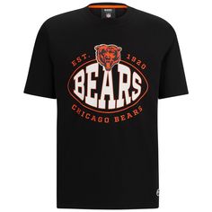 Represent your beloved Chicago Bears with the BOSS X NFL Black Chicago Bears Trap T-Shirt. This regular-fit tee features screen-printed graphics and a brand emblem near the bottom hem, proudly displaying your unwavering support for the Chicago Bears. Made from a comfortable cotton and elastane blend, this t-shirt is perfect for game days or any day you want to show off your Bears pride. Bear Trap, Boss Suits, Black Chicago, Bear Pride, Nfl Chicago Bears, Bear T Shirt, Chicago Bears, Gray Jacket, Workout Tee