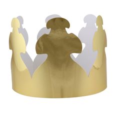 a gold crown with white silhouettes of people on the front and sides, against a white background