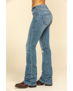 Ariat Women's R.E.A.L. Rookie Light Wash Bootcut Jeans , Denim Bottoms With Zip Fly, Western Style Full Length Bottoms For Fall, Fitted Denim Blue Bottoms With Button Zip Fly, Western Full-length Fall Bottoms, Western Style Denim Bottoms For Fall, Fitted Flare Jeans With Zip Fly, Western Style Straight Leg Denim Bottoms, Fitted Full Length Western Bottoms, Western Style Mid-rise Jeans For Spring