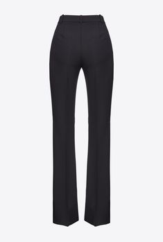 Elegant high-waisted women's trousers in stretch crepe fabric. The leg is characterised by a close-fitting line down to the knee, which widens as it proceeds to the bottom, with French pockets at the hips and a central pleat at both front and back. Zip and covered hook fastening. Sleek Wide Leg Flare Pants For Evening, Sleek Flare Wide Leg Pants For Evening, Fitted Flare Bottoms With Pressed Crease, Formal Full-length Wide Leg Elastane Pants, Chic Flared Bottoms With Pressed Crease, Formal Wide Leg Elastane Pants, Formal Stretch Elastane Pants, Classic Flared Evening Pants, Elegant Flare Bottoms With Pressed Crease