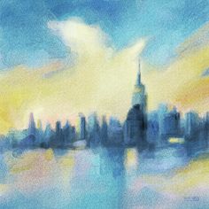 an abstract painting of a city skyline at sunset