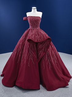 Red Fitted Ball Gown With Sequins, Fitted Red Sequin Ball Gown, Red Sequined Fitted Ball Gown, Debutante Ball Gown With Long Train For Prom Season, Elegant Red Strapless Ball Gown, Elegant Gown For Debutante Ball With Long Train, Long Train Gown For Debutante Ball Or Prom, Fitted Bodice Gown For Red Carpet Gala, Elegant Red Pageant Dress