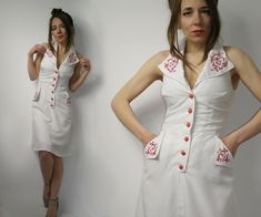 Vintage 70s Vera Mont Paris white Dress. The fabric has interesting texture. Brand: Vera Mont Paris Size: 38 Measurements, flat: Length (measured from very top of collar): 98 cm (38.58'') Bust: 40 cm x2 (15.75'' x2) Waist: 33 cm x2 (12.99'' x2) Condition: very good vintage  condition Material: Polyester, lining - viscose Model in the photos is size 8UK/4US; 164 cm/5'5''  Due to camera and your monitor settings colors may appear slightly different than they are in real life. Please read the descr White Retro Sleeveless Dress, White Cotton Halter Neck Dress, White Floral Embroidered Vintage Dress, Retro Embroidered Summer Dress, Summer Retro Embroidered Dress, Vintage White Halter Neck Dress, White Embroidered Vintage Dress, Embroidered Fitted Vintage Summer Dress, White Fitted Vintage Dress With Floral Embroidery