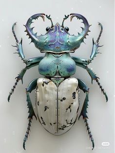 a blue and white bug with long antennae on it's back legs, sitting in front of a white background