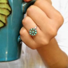 Nia Turquoise Stone Flower Bohemian Ring | Moon & Milk Boho Turquoise Ring, 100m Hurdles, Lotus Flower Jewelry, Moon Milk, Boho Turquoise, Silver Turquoise Ring, Silver Flower Ring, Emerald Earrings Studs, Rose Gold Morganite