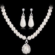 Big Pearl Bridal Jewelry Set Silver Teardrop Earrings Necklace For Women - Genuine - Gemstone Jewelry Shein, Hiasan Perkahwinan, Bridal Jewelry Pearl Sets, Pearl Jewelry Set, Rhinestone Jewelry Set, Crystal Teardrop Earrings, Pearl Bridal Jewelry, Pearl Necklace Set, Big Pearl