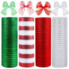 four rolls of christmas ribbon with bows and ribbons on them, all in different colors