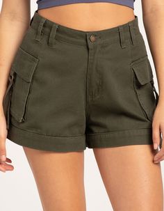 RSQ Womens Mid Length Cargo Shorts - OLIVE | Tillys High Rise Cotton Cargo Shorts, High Rise Cargo Shorts For Summer, High Rise Cargo Style Shorts For Summer, Casual High Rise Cargo Style Shorts, Casual High-rise Cargo Shorts, High Rise Summer Cargo Shorts, High-rise Summer Cargo Shorts, High Rise Cargo Style Bottoms For Summer, High-waist Green Shorts With Cargo Pockets