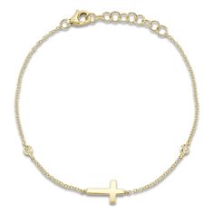 With petite diamond accents, this cross bracelet from Shy Creation® is a simple and beautiful gift. 14K yellow gold A polished sideways cross center the style Two bezel-set diamonds adorn the cable chain 6-inch rolo chain with 1-inch extender; lobster clasp Jared The Galleria Of Jewelry, Bezel Set Diamond, Cross Bracelet, Rolo Chain, Bezel Setting, Cable Chain, Fashion Bracelets, Christmas Gift Ideas, Christmas List