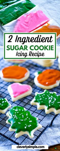 two ingredient sugar cookie icing recipe with green and pink frosting on cooling rack