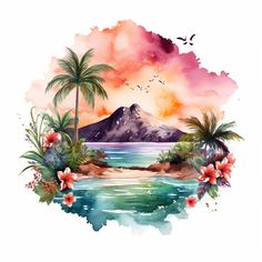 a watercolor painting with palm trees and mountains in the background