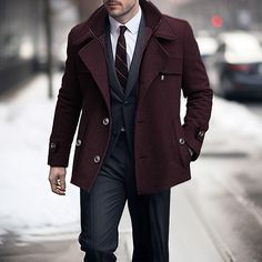 Season:Fall  Winter; Fabric:Woolen; Sleeve Length:Long Sleeve; Gender:Men's; Style:Casual,Fashion,Streetwear; Occasion:Daily Wear,Going out,Outdoor; Placket:Single Breasted; Function:Windbreaker,Thermal Warm; Pattern:Plain; Design:Pocket; Neckline:Lapel; Outerwear Type:Trench Coat,Winter Coat,Wool Coat; Listing Date:09/27/2023; Bust:; Length:; Shoulder Width:; Sleeve: Formal Wool Coat, Mens Clothing Styles Formal Casual Style, Mens Clothing Styles Formal, Burgundy Jacket Outfit, Mens Outdoor Jackets, Burgundy Jacket