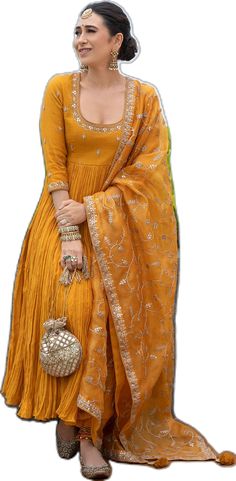 Yellow Anarkali, Punit Balana, Karisma Kapoor, Embroidered Anarkali, Wedding Function, Set For Women, Anarkali, Aza Fashion, Three Quarter