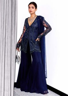 Sanya Gulati-Midnight Blue Embroidered Sharara Set-INDIASPOPUP.COM Elegant Pant Set With Resham Embroidery For Diwali, Evening Palazzo Set With Sheer Dupatta For Eid, Elegant Floor-length Pant Set With Resham Embroidery, Embroidered Anarkali Palazzo Set With Long Sleeves, Evening Palazzo Set With Resham Embroidery For Diwali, Evening Lehenga With Dabka Work For Eid, Bollywood Style Evening Sharara With Dabka Work, Party Wear Palazzo Set For Evening Eid, Evening Party Wear Palazzo Set For Eid