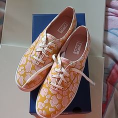 Nbw, Just In My Closet And Thought I Would Wear One Day. Never Did. I Am Letting Go It's A Canvas Material With A Cheetah Spot Yellow And Pink. Comfortable Yellow Sneakers For Spring, Spring Yellow Flat Heel Sneakers, Keds White Sneakers, White Leather Keds, Keds Slip On, Leather Keds, White Keds, Black Canvas Shoes, Canvas Sneakers Womens