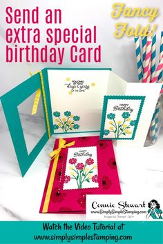 some cards with flowers on them and the words, send an extra special birthday card