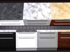 an image of a kitchen setting with marble counter tops and cabinets in different colors, shapes and sizes