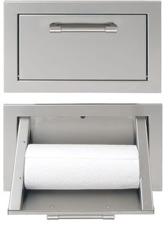 a toilet paper dispenser with two rolls of toilet paper in the drawer