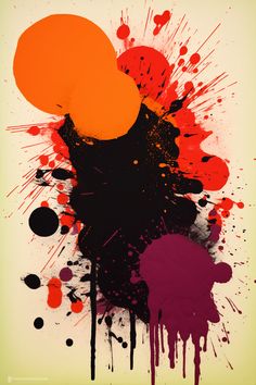 an abstract painting with orange, black and red paint splattered on the wall