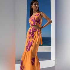 Gorgeous And Never Worn. Made In Greece. 2 Piece Set, Cropped Shirt With Wrap Around Tie, High Waisted Skirt Also Wrap Around And Mid Length/Maxi. Beautiful Color, Perfect For Vacation Embroidered Maxi Length Summer Sets, Purple V-neck Summer Sets, Purple Embroidered Summer Sets, Orange Embroidered Summer Sets, Embroidered Purple Summer Sets, Embroidered Orange Summer Set, Summer Embroidered Orange Sets, Bohemian Purple Summer Sets, Purple Summer Vacation Sets