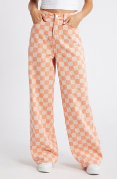 Made from sturdy cotton twill covered in a checkerboard print, these playful pants are designed with a high waist and baggy legs that pool at the hems. Exclusive retailer 32" inseam; 26" leg opening; 15" front rise; 18" back rise (size 14) Zip fly with button closure Five-pocket style 100% cotton Machine wash, line dry Imported High Waist Baggy Pants, Girls Fall Fashion, Orange Fits, Fall Wardrobe Essentials, Baggy Pants, Sports Blazer, Baggy Pant, Made Clothing, Toddler Girl Outfits