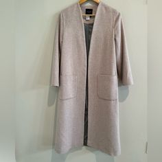 Helene London Full Length Coat. 47” Calf Length. Never Worn. Excellent Condition. Neutral Beige With Very Light Pink Undertone. Xs Size But Runs Big And More A Size Small. Fitted Long Blazer For Spring, Fur Vest Women, Maroon Jacket, Full Length Coat, Brown Tweed, Black Windbreaker, Belted Jacket, Favorite Daughter, Green Coat