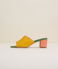 If you like color, you'll definitely love Katie Kortman, which is exactly why we asked her to be our second-ever CS Color Muse™ and color everyone's favorite multicolor shoe. She's still equal parts statement shoe and jeans-and-tee slide, but this time, she's in every color Katie could possibly imagine. A quintessential CS woven leather heel. Open toe, 2.5" block heel, hand-woven leather or suede uppers in our mismatch. With style, comfort, and eye-catching color, these shoes just don't quit—but Spring Sandals With Contrasting Heel Counter And Almond Toe, Designer Heels With Woven Sole For Spring, Multicolor Leather Sole Sandals For Spring, Multicolor Sandals With Leather Sole For Spring, Casual Multicolor Low Heel Heels, Designer Multicolor Sandals For Spring, Charlotte Stone, Multicolor Shoes, Block Heel Mule