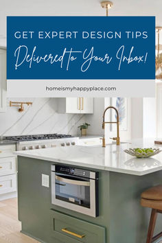 a kitchen island with an oven in it and the words get expert design tips direct to your